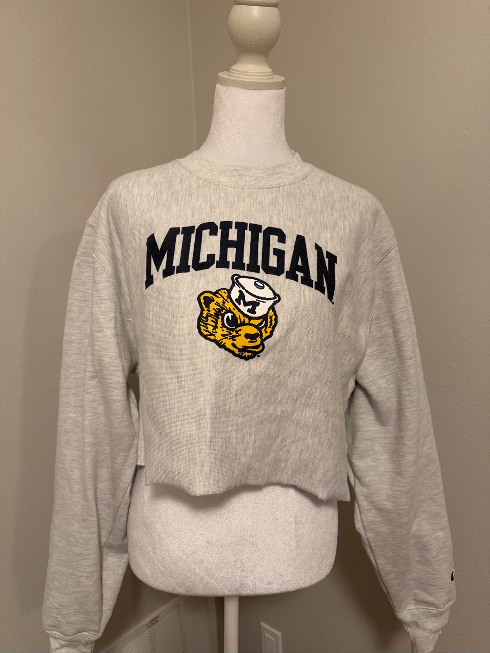 Champion Light Gray Michigan Cropped Crewneck with Navy & Yellow Logo